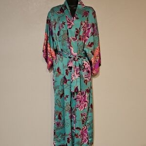 Natori | Women's Teal Purple Floral Ume Robe Kimono Sleeves Loungewear Robe S